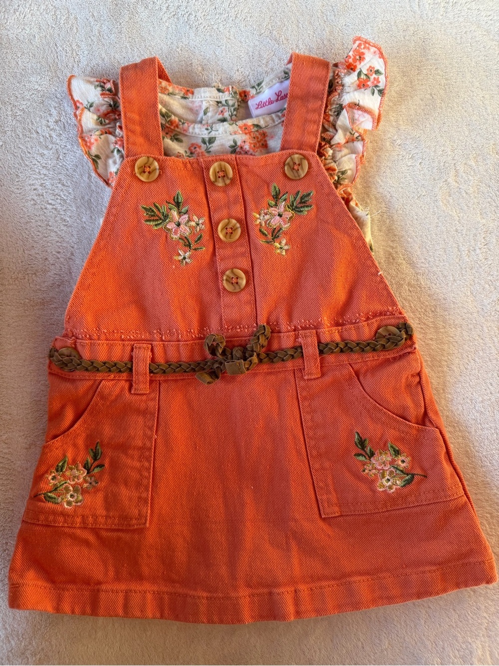 Little Lass Orange Embroidered Overall Dress with Braided Belt Size 24M